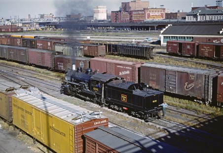 Colorado & Southern steam locomotive no. 608 switching freight cars in the rail yard in Denver, Colorado, on a clear September day in 1958. Photograph by Fred M. Springer, © 2016, Center for Railroad Photography and Art. Springer-CO1-08-18