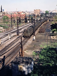 Westbound Conrail (ex-Erie Lackawanna) commuter passenger train in Hoboken, New Jersey, on May 8, 1981. Photograph by John F. Bjorklund, © 2015, Center for Railroad Photography and Art. Bjorklund-57-18-20