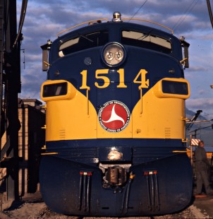 Close-up of Alaska Railroad EMD FP7A locomotive no. 1514, c. 1968. Photograph by Leo King, © 2015, Center for Railroad Photography and Art. King-02-018-006