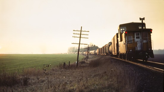 Westbound Canadian Pacific Railway freight train near Zorra, Ontario, on November 24, 1984. Photograph by John F. Bjorklund, © 2015, Center for Railroad Photography and Art. Bjorklund-38-16-15