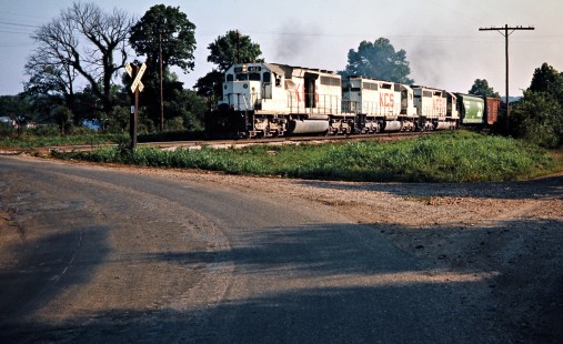 Southbound Kansas City Southern Railway freight train in Baron, Oklahoma, on July 17, 1977. Photograph by John F. Bjorklund, © 2016, Center for Railroad Photography and Art. Bjorklund-61-06-15