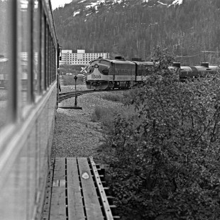 Alaska Railroad EMD F7A locomotive no. 1508 leads freight train in Whittier, c. 1973. Photograph by Leo King, © 2015, Center for Railroad Photography and Art. King-07-072-003