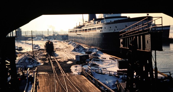 Chesapeake and Ohio Railway <i>SS City of Midland 41</i> ferry in Ludington, Michigan, on February 27, 1982. Photograph by John F. Bjorklund, © 2015, Center for Railroad Photography and Art. Bjorklund-35-09-10