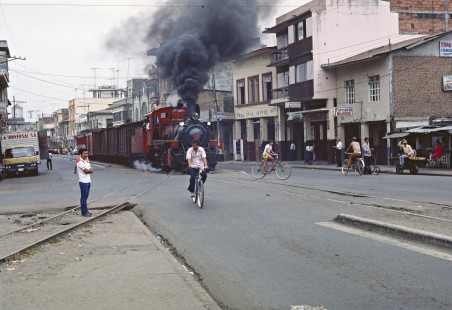 Guayaquil & Quito locomotive no. 11, built by Philadelphia’s Baldwin Locomotive Works in 1900, steams right through the middle of Milagro, Ecuador, on July 22, 1988. Photograph by Fred M. Springer, © 2016, Center for Railroad Photography and Art. Springer-ECU1-02-20