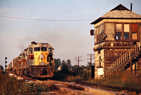 Westbound Erie Lackawanna Railway freight train at Martel, Ohio, on September 1, 1974. Photograph by John F. Bjorklund, © 2016, Center for Railroad Photography and Art. Bjorklund-56-07-20