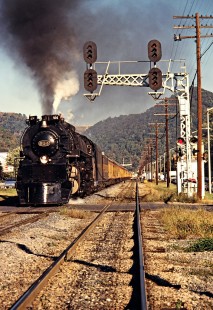 Westbound Chesapeake and Ohio Railway passenger excursion train led by stream locomotive no. 614 at Montgomery, West Virginia, on October 13, 1980. Photograph by John F. Bjorklund, © 2015, Center for Railroad Photography and Art. Bjorklund-34-27-19