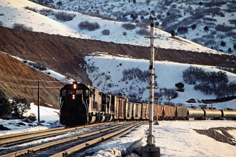 Denver and Rio Grande Western Railroad freight train at Thistle, Utah, on February 10, 1984. Photograph by John F. Bjorklund, © 2015, Center for Railroad Photography and Art. Bjorklund-48-20-22