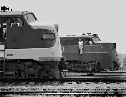 New Orleans-bound Southern Railway train departs yard in Meridian, Mississippi, as Gulf, Mobile and Ohio Railroad's Union Turn waits for clearance to cross Southern Railway trackage in July 1958. Photograph by J. Parker Lamb, © 2016, Center for Railroad Photography and Art. Lamb-01-128-08