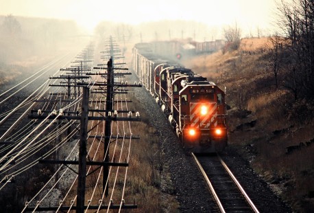 Eastbound Canadian Pacific Railway freight train at Lobo, Ontario, on November 29, 1986. Photograph by John F. Bjorklund, © 2015, Center for Railroad Photography and Art. Bjorklund-38-27-11