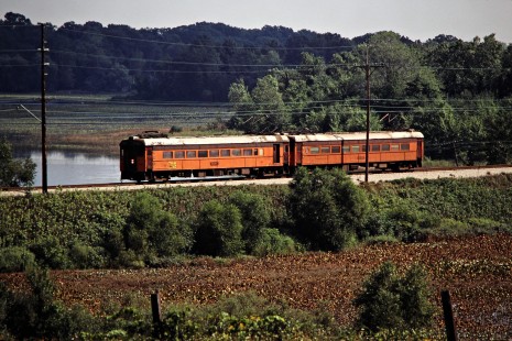 Westbound South Shore Line passenger train at Hudson Lake, Indiana, on September 6, 1980. Photograph by John F. Bjorklund, © 2015, Center for Railroad Photography and Art. Bjorklund-42-10-21