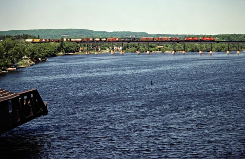 Eastbound Canadian Pacific Railway freight train crossing the Trent River in Trenton, Ontario, on May 26, 1980. Photograph by John F. Bjorklund, © 2015, Center for Railroad Photography and Art. Bjorklund-37-14-21