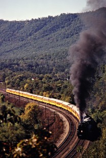 Eastbound Chesapeake and Ohio Railway passenger excursion train led by steam locomotive no. 614 at Balcony Falls, Virginia, on October 11, 1980. Photograph by John F. Bjorklund, © 2015, Center for Railroad Photography and Art. Bjorklund-34-21-03