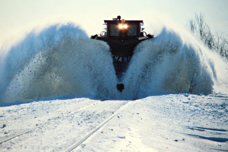 Westbound Grand Trunk Western Railroad plow in Ashley, Michigan, on February 11, 1979. Photograph by John F. Bjorklund, © 2016, Center for Railroad Photography and Art. Bjorklund-58-25-01