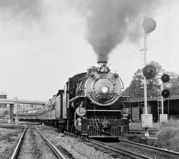Excursion train led by Southern Railway steam locomotive no. 4501 crosses Gulf, Mobile and Ohio Railroad main line as it departs Meridian, Mississippi, for Birmingham in October 1977. Photograph by J. Parker Lamb, © 2016, Center for Railroad Photography and Art. Lamb-01-113-11