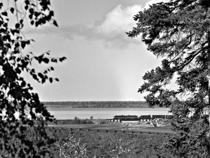 Alaska Railroad freight train between trees, c. 1973. Photograph by Leo King, © 2015, Center for Railroad Photography and Art. King-03-034-001