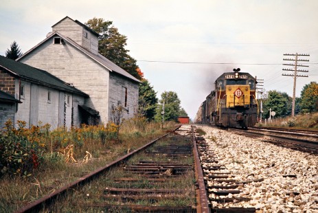 Westbound Conrail freight train with Erie Lackawanna power at Atlantic, Pennsylvania, on October 2, 1976. Photograph by John F. Bjorklund, © 2016, Center for Railroad Photography and Art. Bjorklund-56-04-14