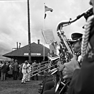 Musicians welcoming guests at the station in Nenana, Alaska, for the 50th anniversary ceremony of the Alaska Railroad on July 15, 1973. Photograph by Leo King, © 2015, Center for Railroad Photography and Art. King-03-011-005
