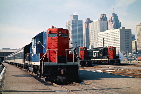 Grand Trunk Western Railroad commuter passenger trains at Brush Street Station in Detroit, Michigan, on February 13, 1973. Photograph by John F. Bjorklund, © 2016, Center for Railroad Photography and Art. Bjorklund-58-13-24