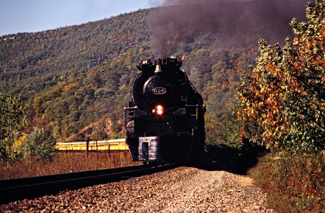 Eastbound Chesapeake and Ohio Railway passenger excursion train led by steam locomotive no. 614 in Balcony Falls, Virginia, on October 11, 1980. Photograph by John F. Bjorklund, © 2015, Center for Railroad Photography and Art. Bjorklund-34-22-20