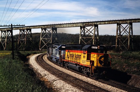 Eastbound CSX Transportation freight train passing under the former Western Maryland Railway's Salisbury Viaduct near Meyersdale, Pennsylvania, on May 12, 1988. Photograph by John F. Bjorklund, © 2015, Center for Railroad Photography and Art. Bjorklund-35-28-02