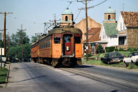 Westbound South Shore Line passenger car at Michigan City, Indiana, on June 14, 1980. Photograph by John F. Bjorklund, © 2015, Center for Railroad Photography and Art. Bjorklund-42-09-21
