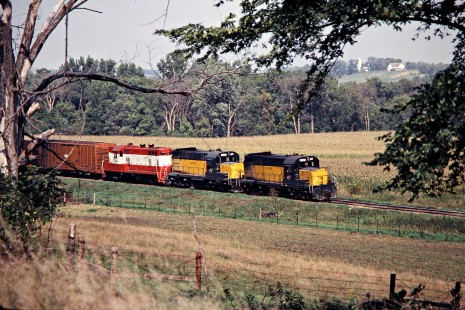 Eastbound Chicago and North Western Railway freight train in Cambria, Minnesota, on September 19, 1980. Photograph by John F. Bjorklund, © 2015, Center for Railroad Photography and Art. Bjorklund-28-13-09