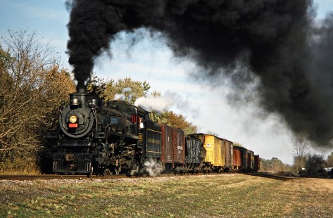 Westbound Ohio Central freight train with former Canadian Pacific Railway steam locomotive no. 1293 at Trinway, Ohio, on October 19, 2003. Photograph by John F. Bjorklund, © 2016, Center for Railroad Photography and Art. Bjorklund-78-19-12