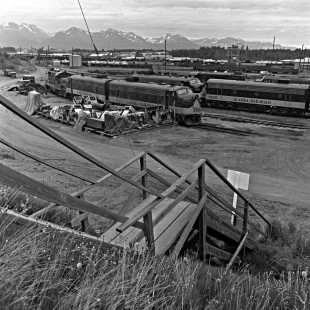 Alaska Railroad EMD F7 locomotives at the Anchorage shops, c. 1973. Photograph by Leo King, © 2015, Center for Railroad Photography and Art. King-03-039-004
