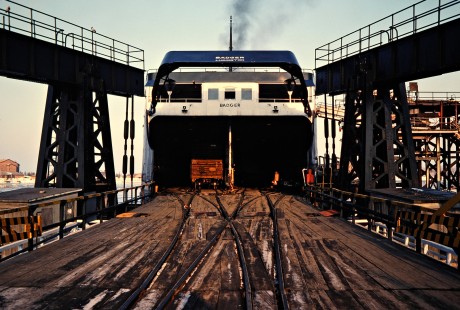 Chesapeake and Ohio Railway <i>SS Badger</i> ferry in Ludington, Michigan, on February 27, 1982. Photograph by John F. Bjorklund, © 2015, Center for Railroad Photography and Art. Bjorklund-35-09-12