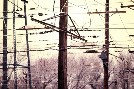 South Shore Line power lines at Michigan City, Indiana, on April 1, 1973. Photograph by John F. Bjorklund, © 2015, Center for Railroad Photography and Art. Bjorklund-42-03-03