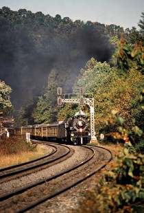 Westbound Chesapeake and Ohio Railway passenger excursion train led by stream locomotive no. 614 near Pratt, West Virginia, on October 13, 1980. Photograph by John F. Bjorklund, © 2015, Center for Railroad Photography and Art. Bjorklund-34-27-16