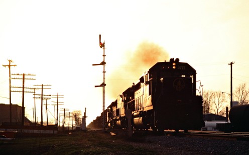 Eastbound Baltimore and Ohio Railroad freight train in Hamler, Ohio, on April 22, 1979. Photograph by John F. Bjorklund, © 2015, Center for Railroad Photography and Art. Bjorklund-16-10-02