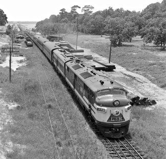 Northbound Louisville and Nashville Railroad <i>Humming Bird</i> passenger train reaches Ocean Springs, Mississippi, after crossing Biloxi Bay, Tennessee, in July 1955. Photograph by J. Parker Lamb, © 2016, Center for Railroad Photography and Art. Lamb-01-137-03