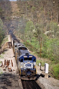 Southbound CSX Transportation coal train in Morley, Tennessee, on April 19, 1991. Photograph by John F. Bjorklund, © 2015, Center for Railroad Photography and Art. Bjorklund-44-21-05