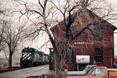 Burlington Northern Railroad freight train led by GP30 locomotive no. 2240 at the station in Bonneville, Wyoming, on March 23, 1978. Photograph by John F. Bjorklund, © 2015, Center for Railroad Photography and Art. Bjorklund-09-21-15