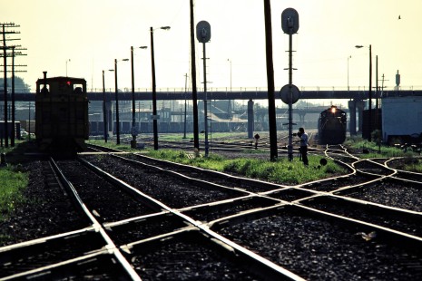 Northbound Chicago and North Western Railway freight train in Marshalltown, Iowa, on July 8, 1981. Photograph by John F. Bjorklund, © 2015, Center for Railroad Photography and Art.  Bjorklund-27-13-17