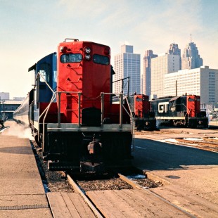Grand Trunk Western Railroad commuter passenger trains at GTW's Brush Street Station in Detroit, Michigan, on February 13, 1973. Photograph by John F. Bjorklund, © 2016, Center for Railroad Photography and Art. Bjorklund-58-13-10