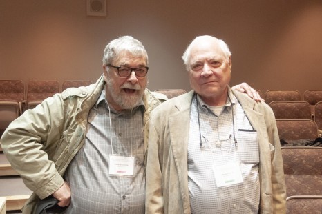 Hank Koshollek reunites with friend Victor Hand at Conversations Transcontinental. Photograph by Louise Koshollek.
