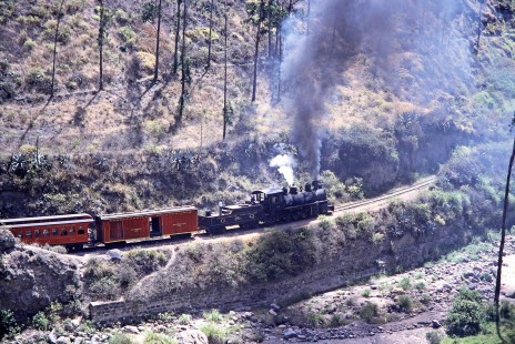 Guayaquil and Quito Railway steam locomotive no. 44 leads a passenger train near Sibambe, Chimborazo, Ecuador, on July 26, 1988. Photograph by Fred M. Springer, © 2014, Center for Railroad Photography and Art, Springer-ECU1-10-12