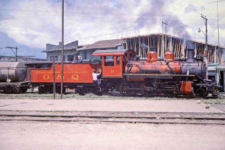 Guayaquil and Quito Railway steam locomotive no. 11 in Bucay, Chimborazo, Ecuador, on August 2, 1988. Photograph by Fred M. Springer, © 2014, Center for Railroad Photography and Art, Springer-ECU1-19-04