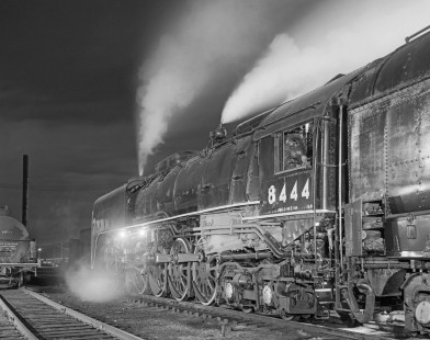 Union Pacific Railroad steam locomotive no. 8444 in Rawlins, Wyoming, on the evening of May 11, 1968. Photograph by Victor Hand. Hand-UP-64-079.JPG