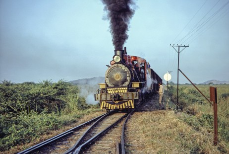 Guayaquil-Quito Railway steam locomotive no. 7 with freight train in Casiguana, Guayas, Ecuador, on July 8, 1990. Photograph by Fred M. Springer, © 2014, Center for Railroad Photography and Art, Springer-ECU1-21-29