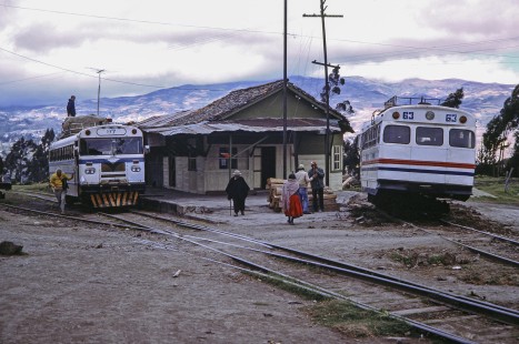 Empresa de Ferrocarriles Ecuatorianos rail-bus nos. 97 and 63 at El Tambo, Cañar, Ecuador on July 26, 1988. Photograph by Fred M. Springer, © 2014, Center for Railroad Photography and Art, Springer-ECU1-09-20