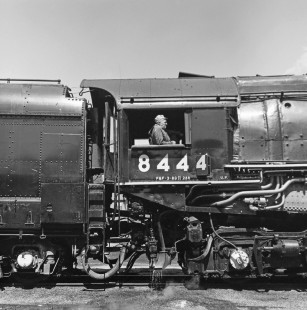 Engineer in Union Pacific Railroad steam locomotive no. 8444 at Green River, Wyoming, on August 31, 1968. Photograph by Victor Hand. Hand-UP-64-128.JPG
