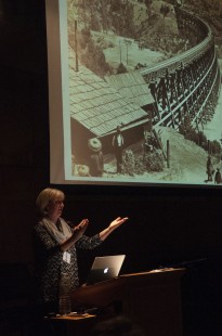 Christine Hult-Lewis, Assistant Curator in the Pictorial Department of the Bancroft Library at the University of California at Berkeley presents on Carleton Watkins.  Photograph by Hank A. Koshollek.
