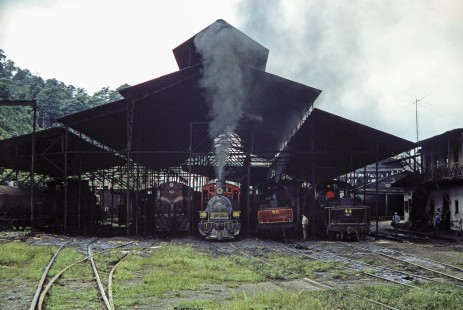 Diesel locomotive no. 167 and steam locomotives nos. 11, 58, and 44 at the diesel shed in Bucay, Chimborazo, Ecuador, on July 9, 1990. Photograph by Fred M. Springer, © 2014, Center for Railroad Photography and Art, Springer-ECU1-22-06