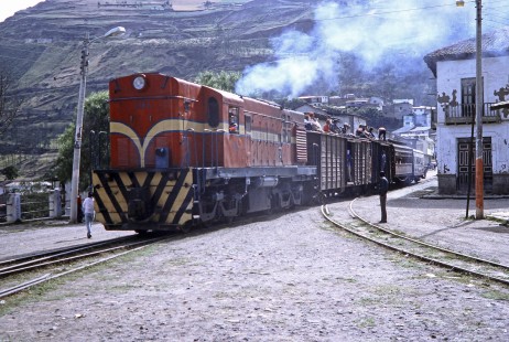 Ferrocarriles del Ecuador Empresa Publica diesel locomotive no. 161 with passenger train at Alausi, Chimborazo, Ecuador, on July 24, 1988. Photograph by Fred M. Springer, © 2014, Center for Railroad Photography and Art, Springer-ECU1-06-09