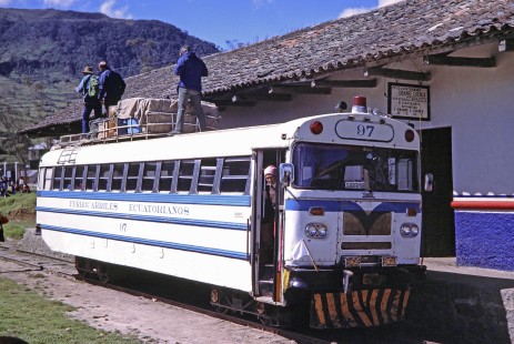 Empresa de Ferrocarriles Ecuatorianos rail-bus no. 97 in Sibambe, Chimborazo, Ecuador, on July 26, 1988. Photograph by Fred M. Springer, © 2014, Center for Railroad Photography and Art, Springer-ECU1-09-13