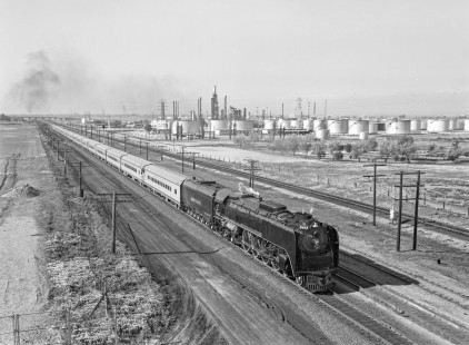 Northbound Union Pacific Railroad steam locomotive no. 8444 leads a centennial train in Salt Lake City, Utah, on May 11, 1969. Photograph by Victor Hand. Hand-UP-64-161.JPG