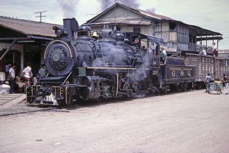 Guayaquil-Quito Railway steam locomotive no. 44 with passenger train in Bucay, Chimborazo, Ecuador, on August 2, 1988. Photograph by Fred M. Springer, © 2014, Center for Railroad Photography and Art, Springer-ECU1-19-12